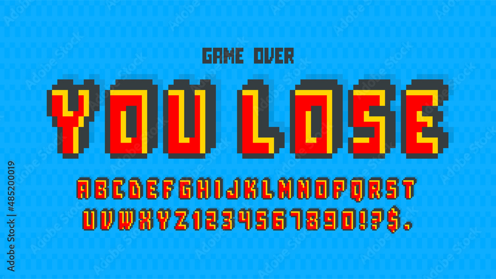 Poster pixel vector alphabet design, stylized like in 8-bit games.