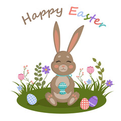 Greeting card, poster, banner for Easter with Easter bunny and Easter eggs