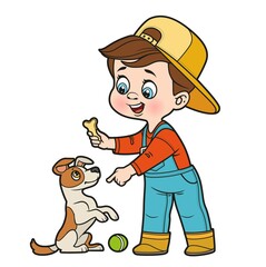 Cute cartoon boy playing with dog jack russell terrier stands on hind legs color variation for coloring page on white background