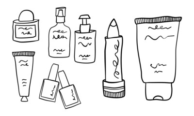 Big set of cosmetic items in minimalist hand drawn outline style. Cream dispenser, lipstick, lotion bottles, nail polish