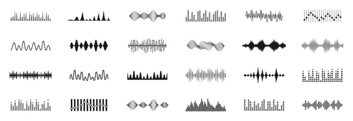 Sound waves icons set. Music frequency. Audio player. Sound equalizers. Radio wave icons. Abstract digital equalizers for music app. Volume level symbols. Vector