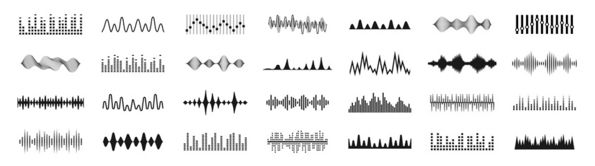 Sound waves icons set. Music frequency. Audio player. Sound equalizers. Radio wave icons. Abstract digital equalizers for music app. Volume level symbols. Vector