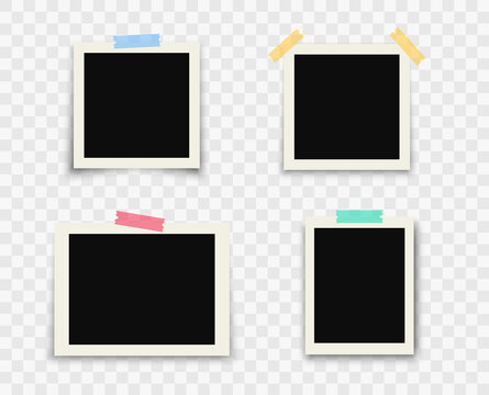 Set of photo frames with adhesive tape in different colors. Photo realistic vector mockups. Pictures on transparent background, retro memory album. Retro photo frame template for your photos. Vector