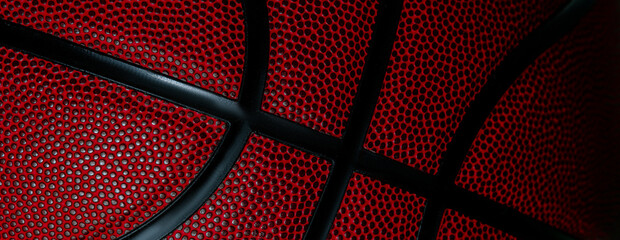 Closeup detail of basketball ball texture background. Horizontal sport theme poster, greeting...