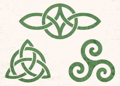 A set of celtic symbols in a cut paper style with textures
