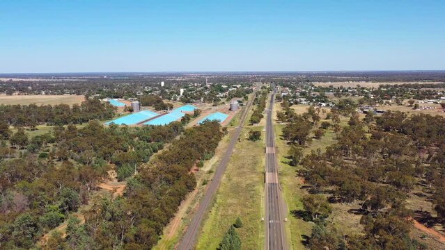 Remote rural agriculture Nyngan town of Australian outback in aerial 4k.
