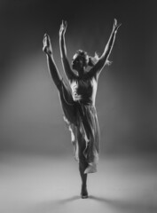 Beautiful woman contemporary dancer posing on gray studio background. Flexible sexy woman. Black and white