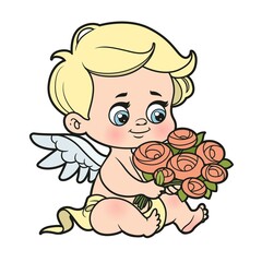 Cute cartoon baby cupid sit with roses color variation for coloring on white background