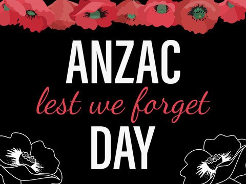 Anzac day. Memorial Day Australia. Postcard with poppies on a black background