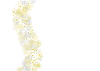 Gold snowflakes frame on white background. New year theme. Horizontal shiny Christmas frame for holiday banner, card, sale, special offer. Falling snow with gold snowflake and glitter for party invite