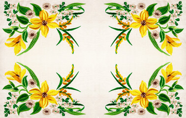 Obraz premium Colorful embroidery design in the form of butterflies and flowers. 