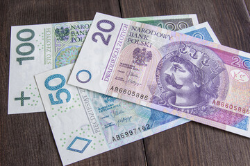 Polskie banknoty: 20zł, 50 zł, 100zł.