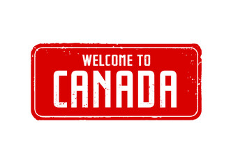 WELCOME TO CANADA. Red stamp and banner. Vector Illustration.. 