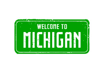 WELCOME TO MICHIGAN. Green stamp and banner. Vector Illustration.. 