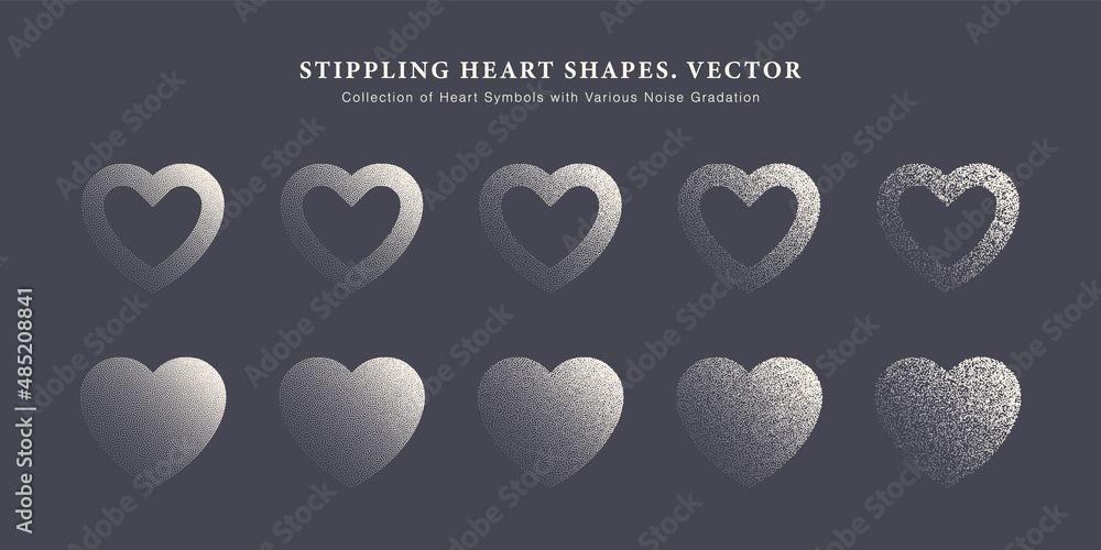 Poster vector collection of white heart symbols with various noise gradation isolated on background. differ