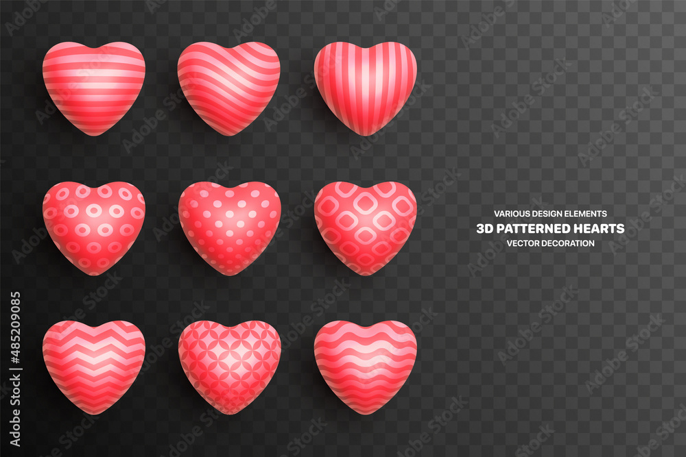 Poster realistic 3d red heart vector various patterned three dimensional shiny rounded shapes set with shad