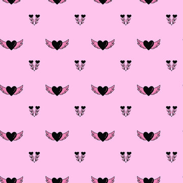 seamless pattern with hand drawn hearts wings and flowers free vector