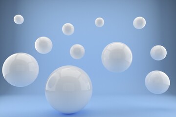 3d rendering of several sized reflected white spheres on blue background