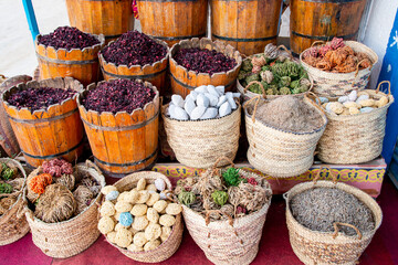 Baskets of spices and herbs in the Egyptian market