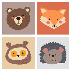 Forest animals head cards isolated set. Vector flat graphic design illustration