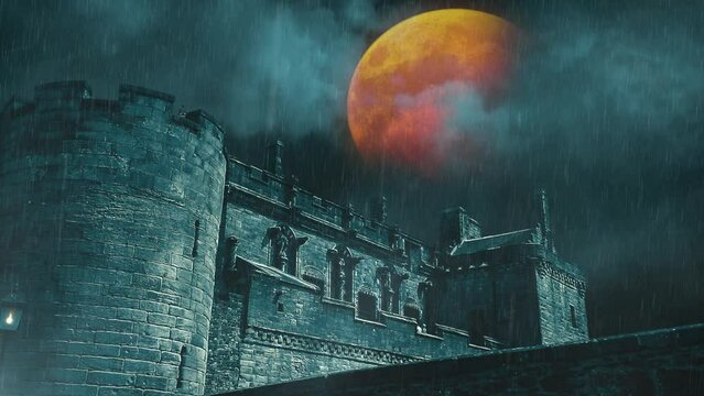 Castle with Rain Lightning and Blood Moon 4K Loop features a castle ruin with moving clouds and an orange red full moon in the background and mist and rain in the foreground in a loop.