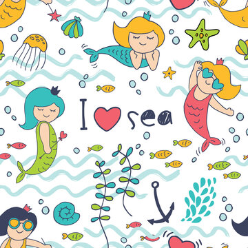 Cute mermaid seamless pattern for print on clothes, cases, textile, paper.