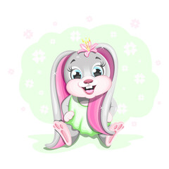 A cute and smiling bunny sits on a light green background