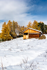 Wooden house in the mountains. Change of seasons. Winter replaces autumn. Beautiful landscape with yellow trees and white snow.