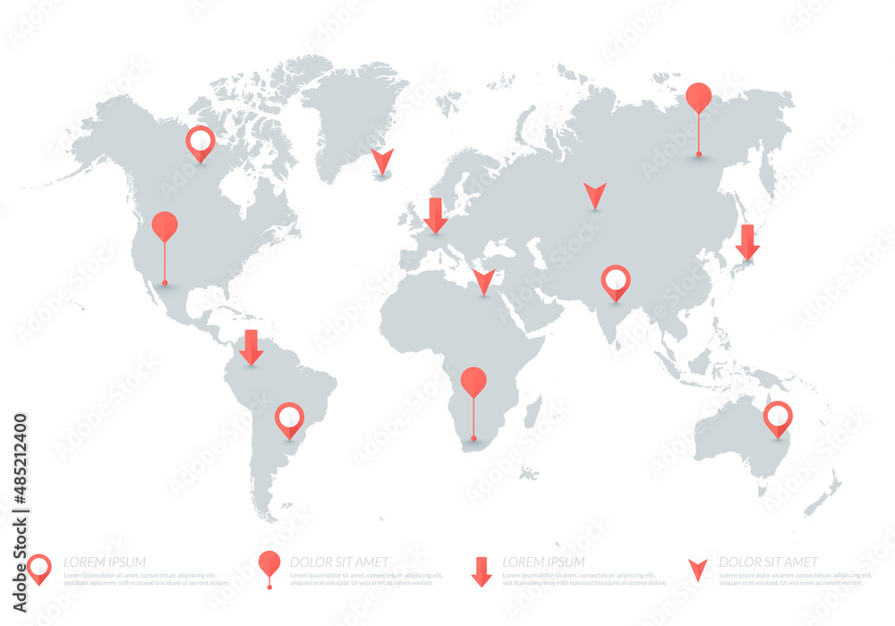 Poster vector illustration world map with pin, pointer and arrow
