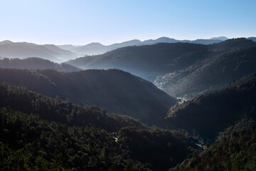 Vallée sauvage et boisée dans la brume et le soleil levant en automne dans les montagne des Cévennes en France.