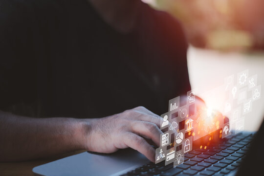 Cloud Computing And Technology Icons Touched By Hand. Cloud Technology Collects Lifestyle And Confidential Information Such As Shopping And Internet Banking, Passwords, Financial Information.