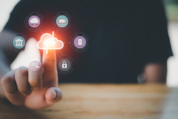 Cloud computing and technology icons touched by hand. Cloud technology collects lifestyle and confidential information such as shopping and internet banking, passwords, financial information.