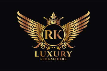 Luxury royal wing Letter RK crest Gold color Logo vector, Victory logo, crest logo, wing logo, vector logo template.