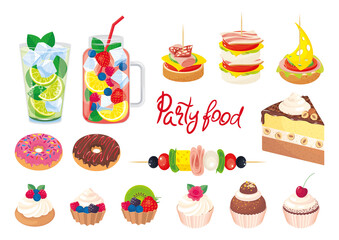 Set of party food and refreshing drinks isolated on white. Refreshing drinks, sandwiches, appetizers, snacks on a skewer, cupcakes with chocolate, cream and berries, nut cake, fruit cocktail, mojito