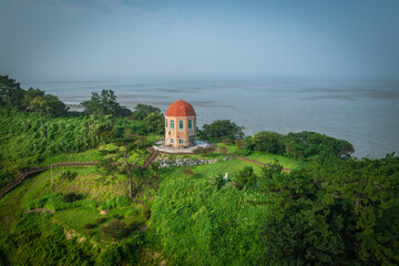 Observation deck of a small island filmed with a drone
