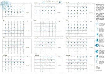Yearly wall planner for the 2022 year. Lunar calendar.
2022 England calendar with holidays and moon cycles. A2 size