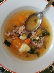 a plate of soup with vegetables and beef