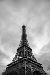 eiffel tower in paris in black and white from lower corner 