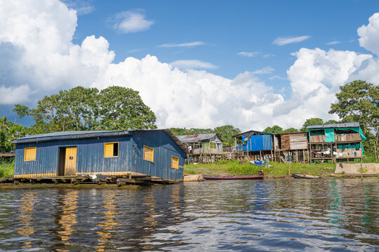 Leticia, amazonia, Colombia, January 4, 2022, Arrival in the small town by boat. 
Typical architecture of the region