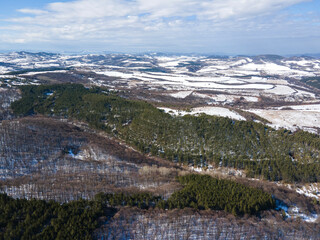 Aerial Winter view of Lyulin Mountain covered with snow,  Bulgaria