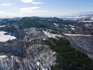 Aerial Winter view of Lyulin Mountain covered with snow,  Bulgaria