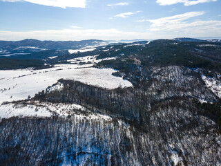 Aerial Winter view of Lyulin Mountain covered with snow,  Bulgaria