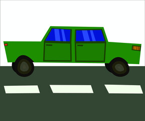 A comic green automobile on a road. This illustration can be used for advertising materials of car companies and shops. Vector illustration, isolated.