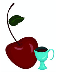 A big fresh cherry and a blue cup of tea. This illustration can be used for a menu or as a concept for advertising materials. Vector illustration, isolated.