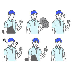 若いタンクトップを着たマッチョの男性の表情やポーズのバリエーションのセットの白バックの線画