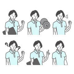 スポーツジムの制服風のポロシャツを着た筋肉質な女性の表情やポーズのバリエーションのセットの白バックの線画