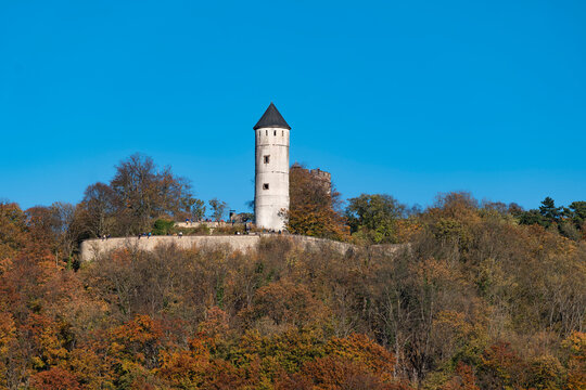 Medieval castle ruins Plesseburg on a autumn day, surrounded by forest. Bovenden