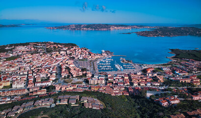 Fototapeta na wymiar Aerial view of Palau town port and Santo Stefano with La Maddalena islands. Province of Olbia-Tempio, Sardinia, Italy, Europe