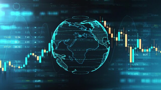 World globe animation with stock market information background. Abstract financial business analysis motion. Trendy futuristic texture for commerce concept. Seamless loop.