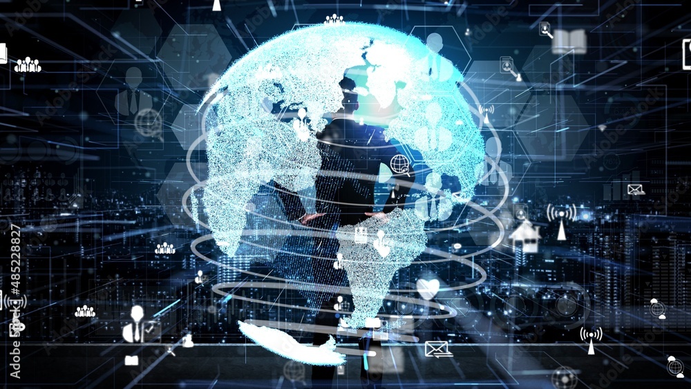 Poster conceptual people network linking and connection . 3d render computer graphic .